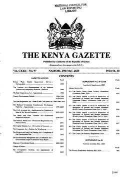 THE KENYA GAZETTE Published by Authority of the Republic of Kenya (Registered As a Newspaper at the G.P.O.) � Vol