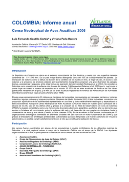 COLOMBIA: Informe Anual Censo Neotropical De Aves Acuáticas 2006