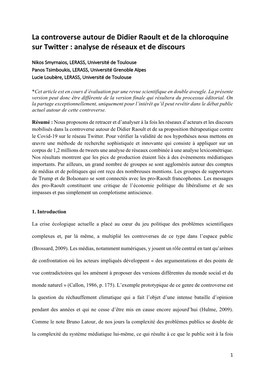 La Controverse Autour De Didier Raoult Et De La Chloroquine Sur Twitter : Analyse De Réseaux Et De Discours