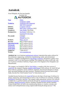 Autodesk from Wikipedia, the Free Encyclopedia Autodesk, Inc