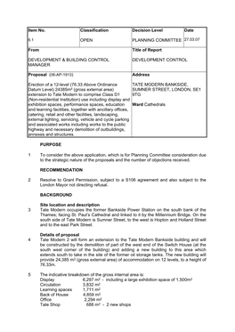 Item No. Classification OPEN Decision Level PLANNING COMMITTEE Date from DEVELOPMENT & BUILDING CONTROL MANAGER Title Of