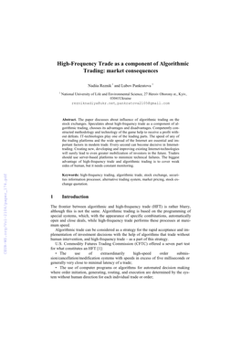 High-Frequency Trade As a Component of Algorithmic Trading: Market Consequences