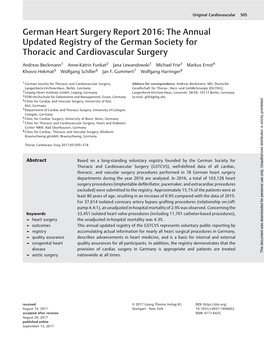 German Heart Surgery Report 2016: the Annual Updated Registry of the German Society for Thoracic and Cardiovascular Surgery