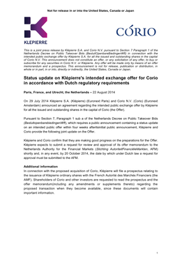 Status Update on Klépierre's Intended Exchange Offer for Corio in Accordance with Dutch Regulatory Requirements