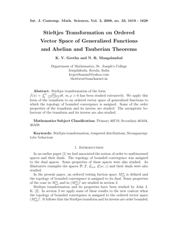Stieltjes Transformation on Ordered Vector Space of Generalized Functions and Abelian and Tauberian Theorems