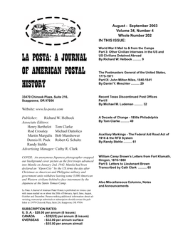 A Journal of American Postal History Is Published Six Times a Year with Issues Mailed on Or About the 20Th of February, April, June, August, October and December