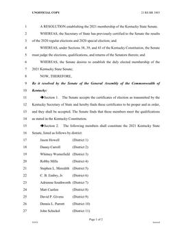 A RESOLUTION Establishing the 2021 Membership of the Kentucky State Senate