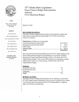 32Nd Alaska State Legislature House Finance Budget Subcommittee Judiciary FY22 Operating Budget