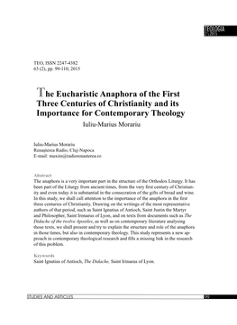 The Eucharistic Anaphora of the First Three Centuries of Christianity and Its Importance for Contemporary Theology Iuliu-Marius Morariu