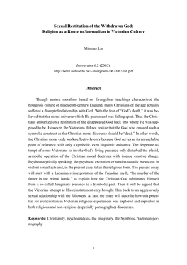 Sexual Restitution of the Withdrawn God: Religion As a Route to Sensualism in Victorian Culture