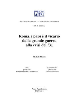 Roma, I Papi E Il Vicario Dalla Grande Guerra Alla Crisi Del ’31