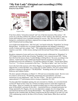 My Fair Lady” (Original Cast Recording) (1956) Added to the National Registry: 2007 Essay by Cary O’Dell