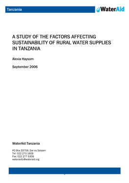A Study of the Factors Affecting Sustainability of Rural Water Supplies in Tanzania