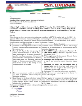 OBSERVATION and REPLY To, Date: ___Member Secretary, State Level Environment Impact Assessment Authority Haryana Bays