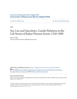 Sex, Lies and Anecdotes: Gender Relations in the Life Stories of Italian Women Artists, 1550-1800 Julia K