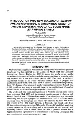 Introduction Into New Zealand of Bracon Phylacteophagus, a Biocontrol Agent of Phylacteophaga Froggatt/, Eucalyptus Leaf-Mining Sawfly W