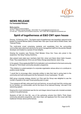 NEWS RELEASE Spirit of Togetherness at E&O CNY Open