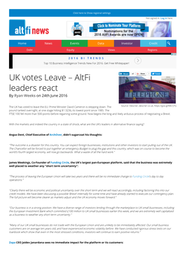 UK Votes Leave – Altfi Leaders React by Ryan Weeks on 24Th June 2016