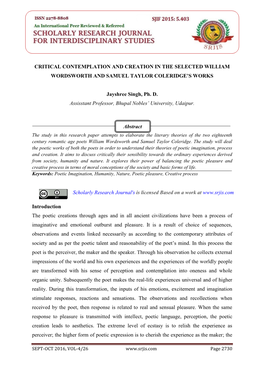Critical Contemplation and Creation in the Selected William Wordsworth and Samuel Taylor Coleridge’S Works