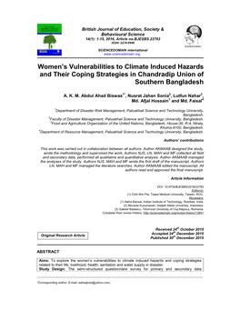 Women's Vulnerabilities to Climate Induced Hazards and Their Coping Strategies in Chandradip Union of Southern Bangladesh