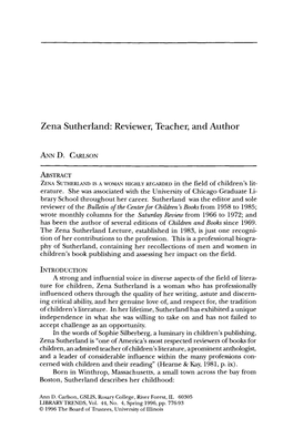 Zena Sutherland: Reviewer, Teacher, and Author