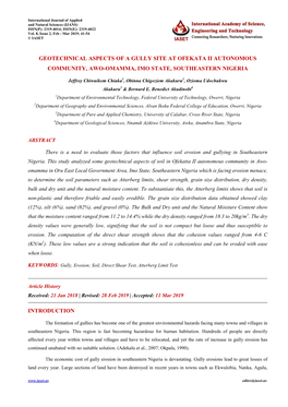 Geotechnical Aspects of a Gully Site at Ofekata Ii Autonomous Community, Awo-Omamma, Imo State, Southeastern Nigeria