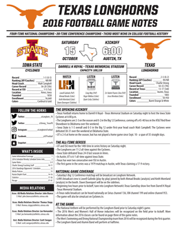 Texas Longhorns 2016 Football Game Notes