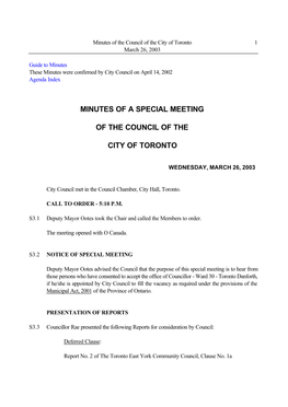 Minutes of a Special Meeting of the Council of the City of Toronto March 26, 2003