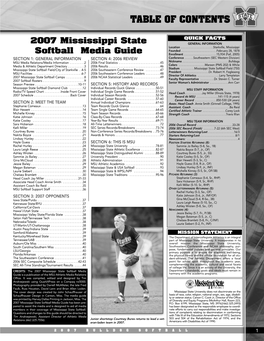 2007 Mississippi State Softball Media Guide Has Been Pre- P.O
