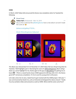 HONK in March, 2019 Tobias Hall Announced the Stones New Compilation When He Tweeted the Following