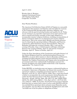 Dear Warden Woodson: the American Civil Liberties Union