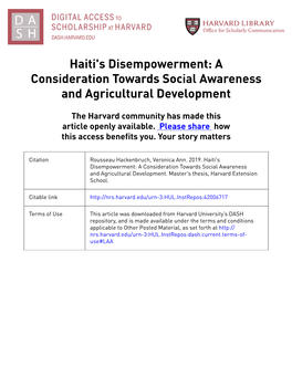 Haiti's Disempowerment: a Consideration Towards Social Awareness and Agricultural Development