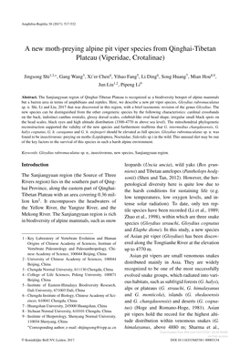 A New Moth-Preying Alpine Pit Viper Species from Qinghai-Tibetan Plateau (Viperidae, Crotalinae)