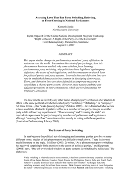 Assessing Laws That Ban Party Switching, Defecting, Or Floor-Crossing in National Parliaments