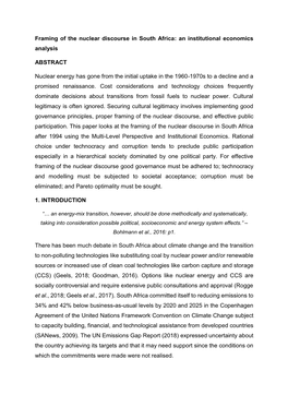 Framing of the Nuclear Discourse in South Africa: an Institutional Economics Analysis