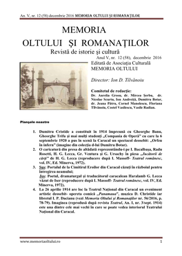 Revista Memoria Oltului Si Romanatilor Nr. 58/Decembrie 2016