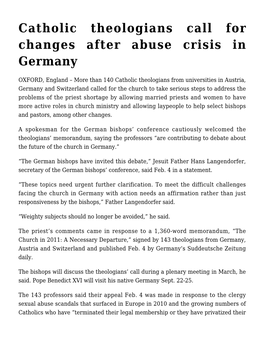 Catholic Theologians Call for Changes After Abuse Crisis in Germany