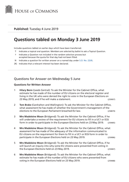 Questions Tabled on Mon 3 Jun 2019