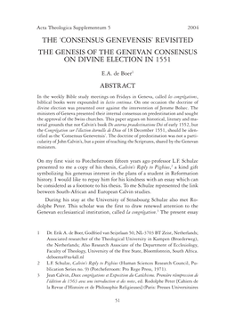 Consensus Genevensis’ Revisited the Genesis of the Genevan Consensus on Divine Election in 1551