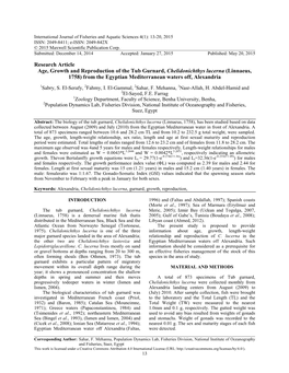 Research Article Age, Growth and Reproduction of the Tub Gurnard, Chelidonichthys Lucerna (Linnaeus, 1758) from the Egyptian Mediterranean Waters Off, Alexandria