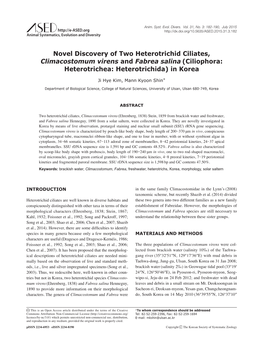 Novel Discovery of Two Heterotrichid Ciliates, Climacostomum Virens and Fabrea Salina (Ciliophora: Heterotrichea: Heterotrichida) in Korea