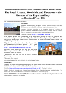 The Royal Arsenal, Woolwich, and Firepower – the Museum of the Royal Artillery