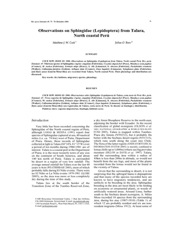 Observations on Sphingidae (Lepidoptera) from Talara, North Coastal Perú