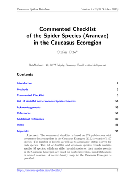 Commented Checklist of the Spider Species (Araneae) in the Caucasus Ecoregion