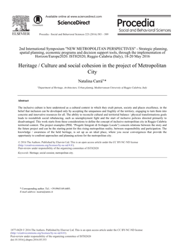Heritage / Culture and Social Cohesion in the Project of Metropolitan City