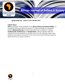 Ajpsquarterly.Org Volume 1 No.1 October 2015 Call for Papers AJPS
