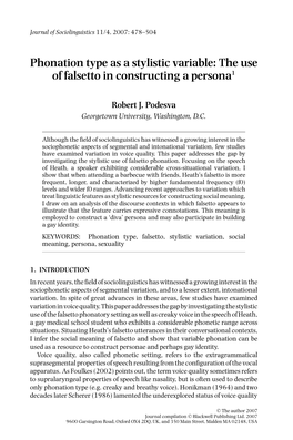 Phonation Type As a Stylistic Variable: the Use of Falsetto in Constructing a Persona1