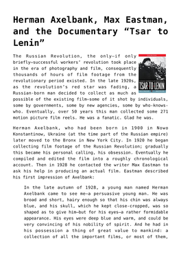 Herman Axelbank, Max Eastman, and the Documentary “Tsar to Lenin”