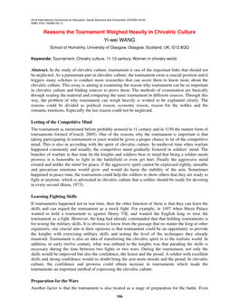 Reasons the Tournament Weighed Heavily in Chivalric Culture Yi-Wei WANG School of Humanity, University of Glasgow, Glasgow, Scotland, UK, G12 8QQ