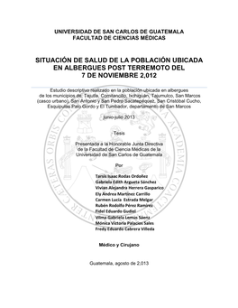 Situación De Salud De La Población Ubicada En Albergues Post Terremoto Del 7 De Noviembre 2,012